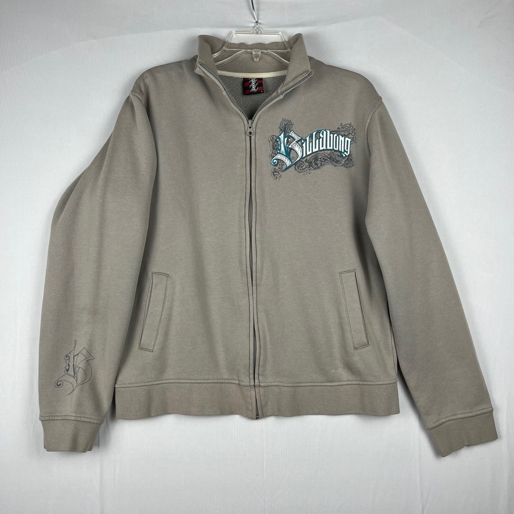 Vtg Y2K Billabong Zip Up‎ Jacket Gray Graphic Print Mens Lg Skater Grunge EUC